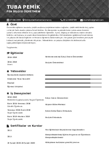 Fen Bilgisi Öğretmeni CV Örnekleri cv indir